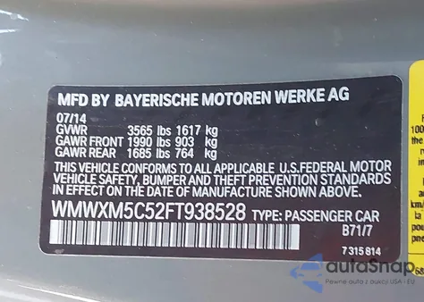 2015 Mini Hardtop Cooper z USA, uszkodzony, nr VIN WMWXM5C52FT938528